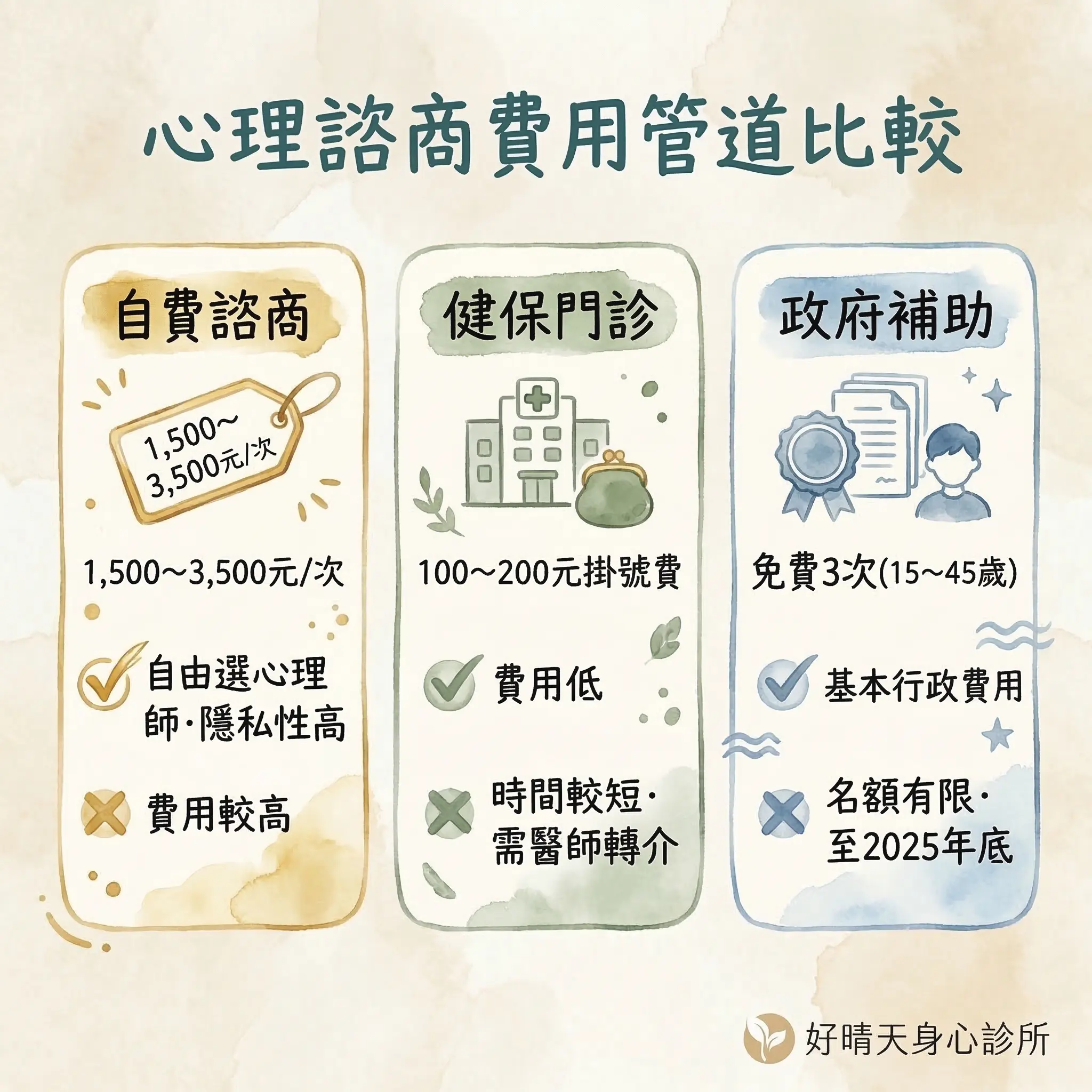 心理諮商費用管道比較:自費諮商、健保門診、政府補助三種管道的費用與優缺點