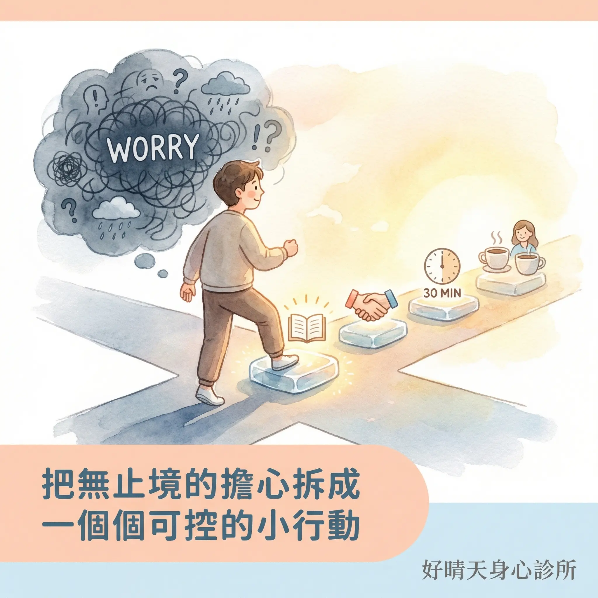 把無止境的擔心拆成一個個可控的小行動：一個人從焦慮烏雲走向發光的踏腳石，石頭上有書本、握手、時鐘等圖示