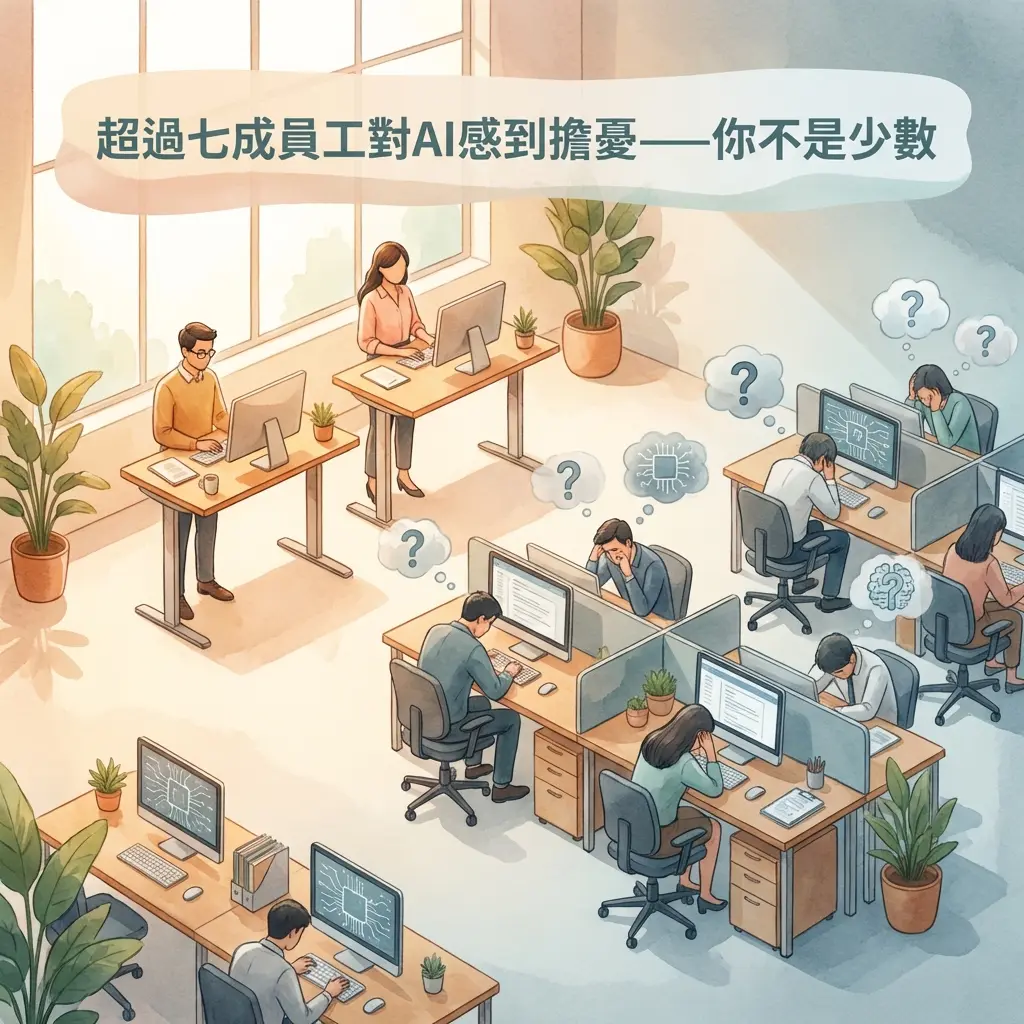 超過七成員工對AI感到擔憂：辦公室鳥瞰圖，多數員工頭上浮現問號與AI晶片的擔憂思緒泡泡