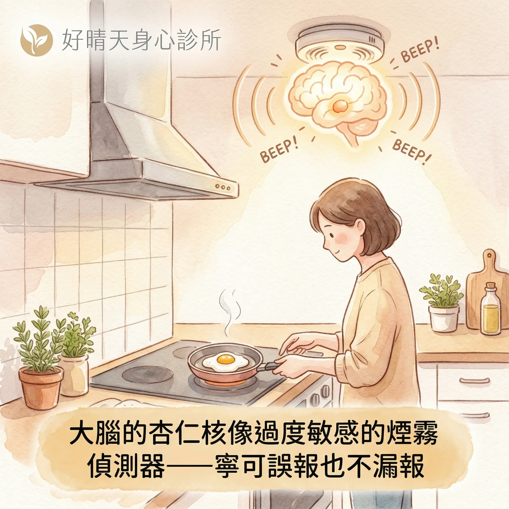大腦的杏仁核像過度敏感的煙霧偵測器比喻：一名女子煎荷包蛋，天花板煙霧偵測器大響，旁邊浮現大腦圖案