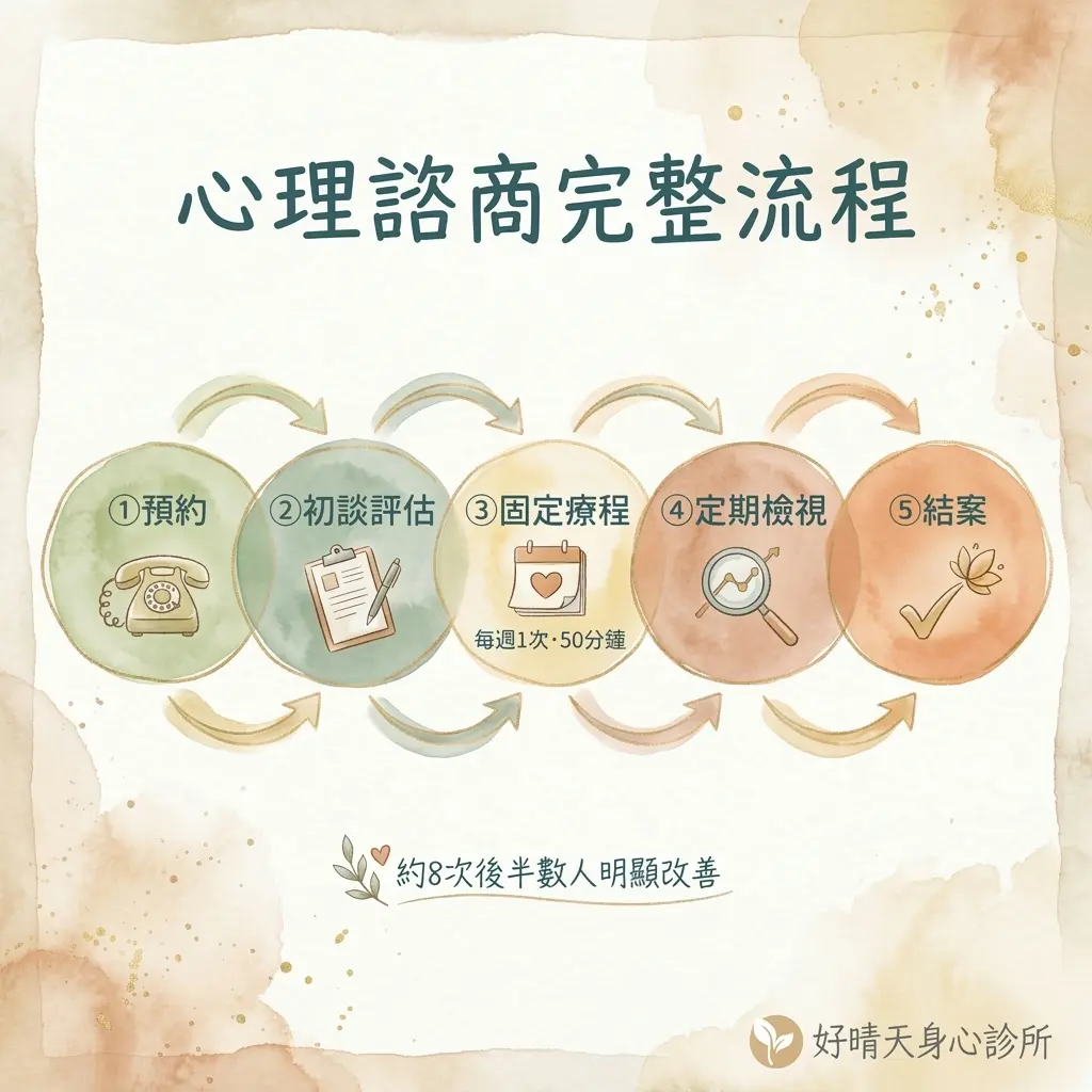 心理諮商完整流程:預約、初談評估、固定療程、定期檢視、結案五個階段