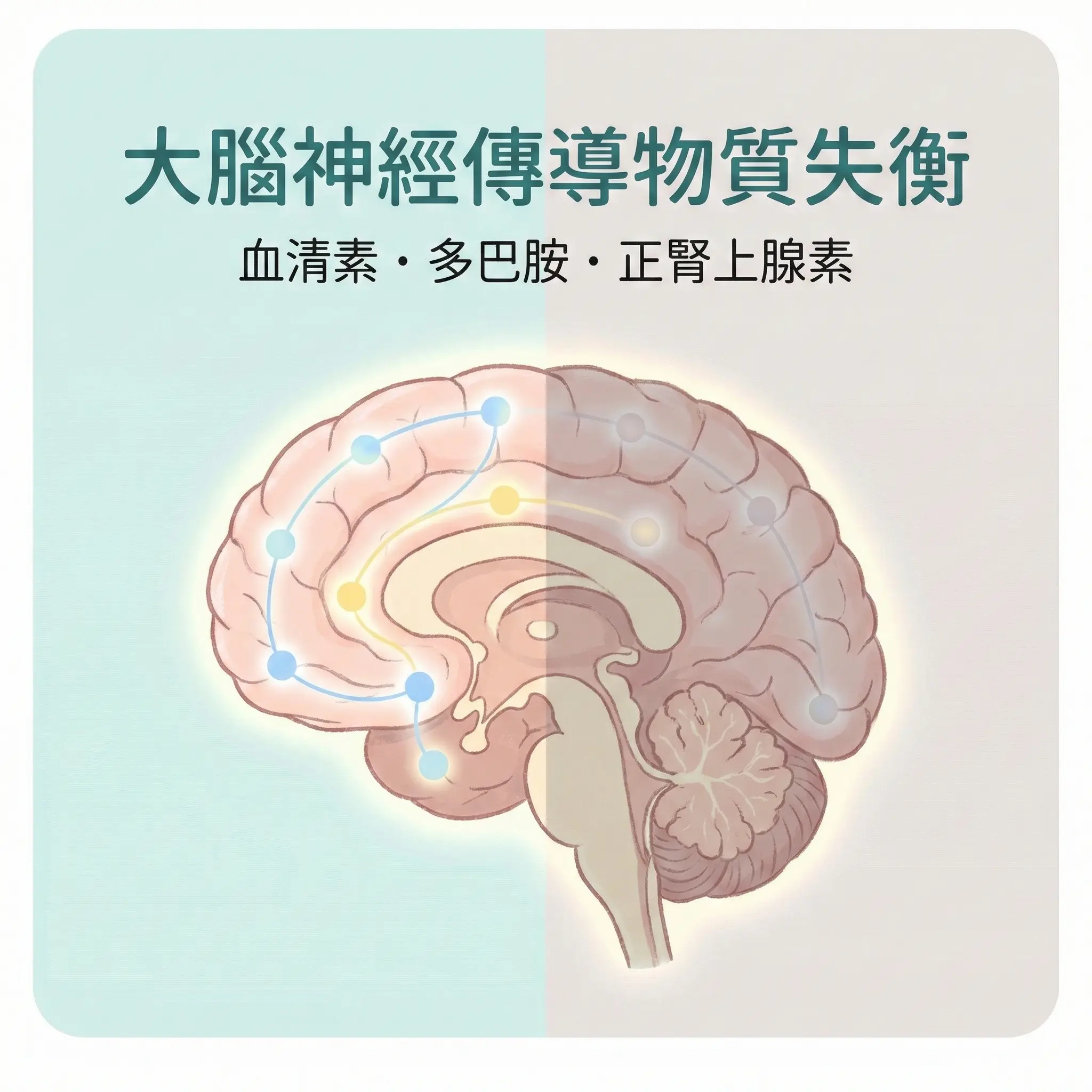 大腦神經傳導物質失衡示意圖:血清素、多巴胺、正腎上腺素