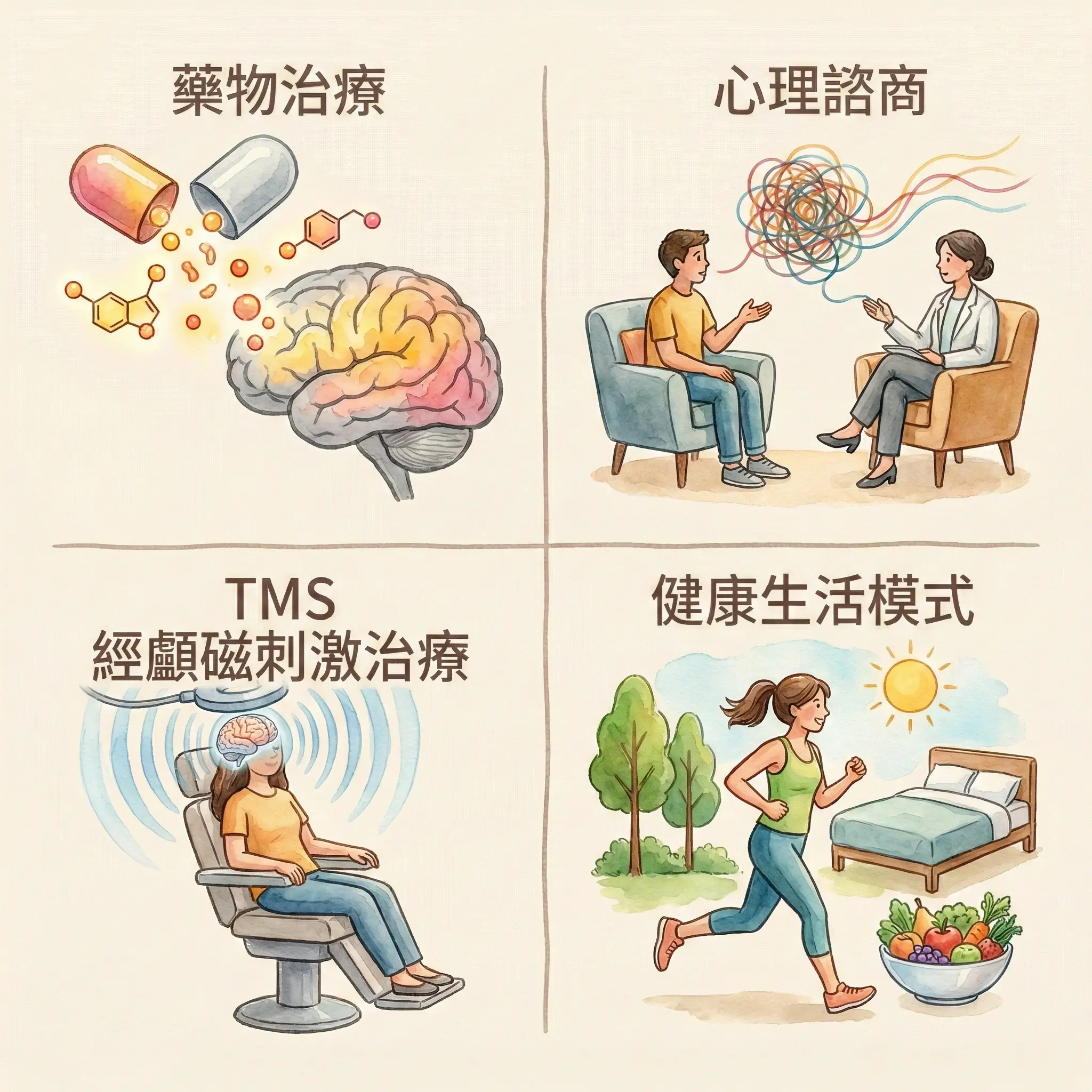 憂鬱症四大治療方式:藥物治療、心理諮商、TMS經顱磁刺激治療、健康生活模式