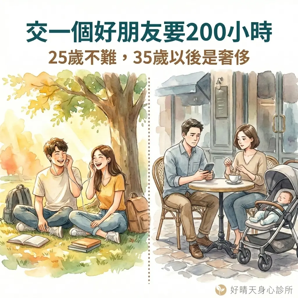 交一個好朋友要200小時：25歲不難，35歲以後是奢侈。左邊年輕情侶在樹下笑談，右邊夫妻各自滑手機