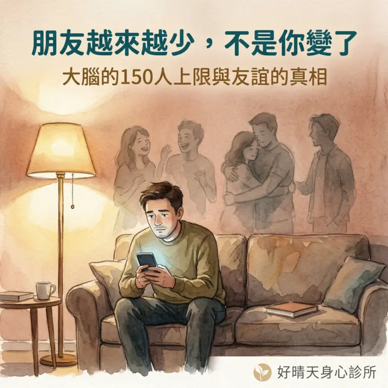 一個男人獨自坐在沙發上看手機，身後是朋友聚會的模糊身影，象徵社交孤立與友誼流失