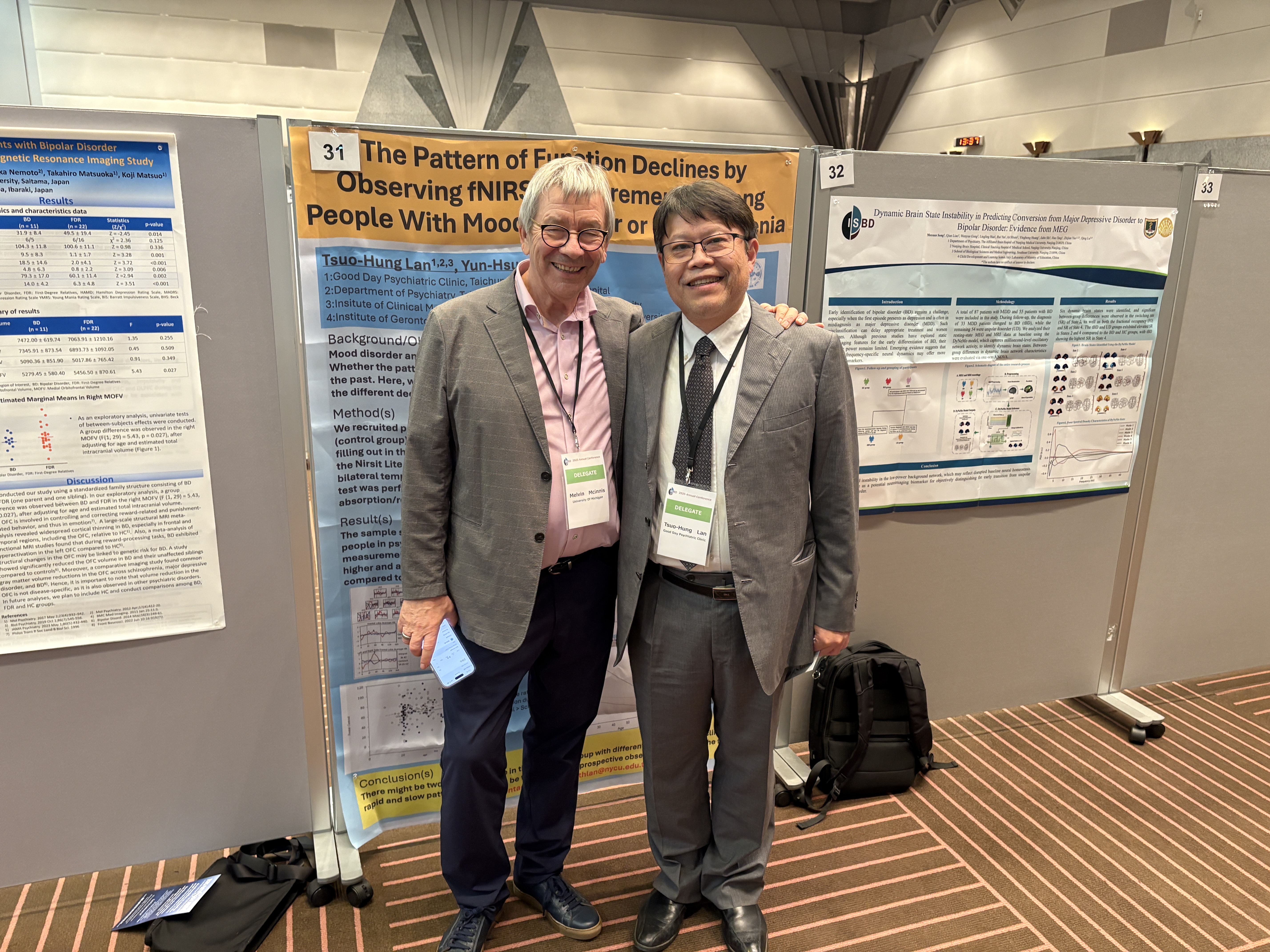 好晴天身心診所藍祚鴻醫師(右)於2025年ISBD大會,站在學術海報「The Pattern of Function Declines by Observing fNIRS Measurements」前與外國學者合影