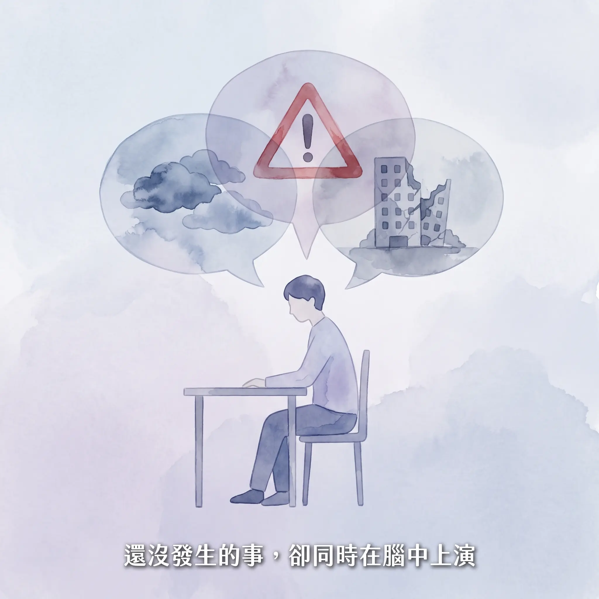 一個人坐在桌前,頭上浮現三個半透明的思緒泡泡,分別是烏雲、警告標誌和崩塌的建築,代表焦慮時多重災難劇本同時上演的疊加態