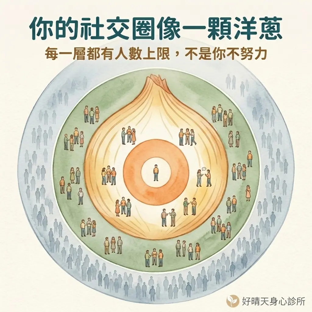 你的社交圈像一顆洋蔥：由內而外分層，每層都有人數上限，不是你不努力