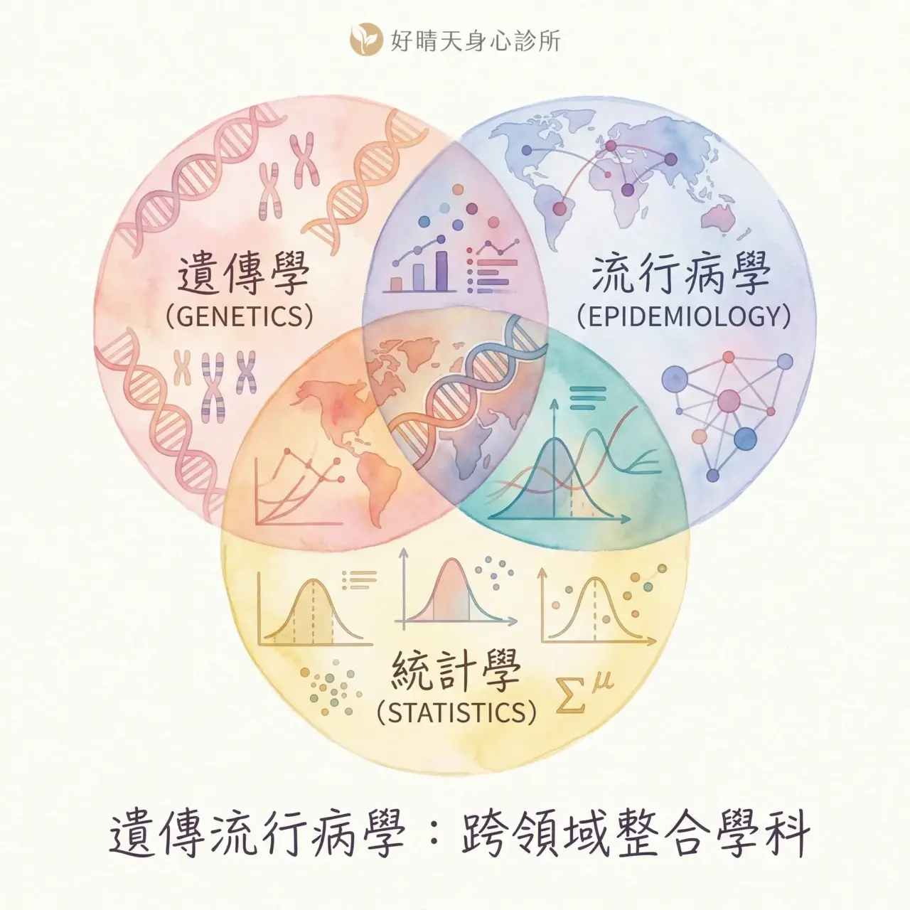 遺傳流行病學概念示意：基因 DNA 結構與統計學、流行病學三大學科交會，構成精準醫療的基礎