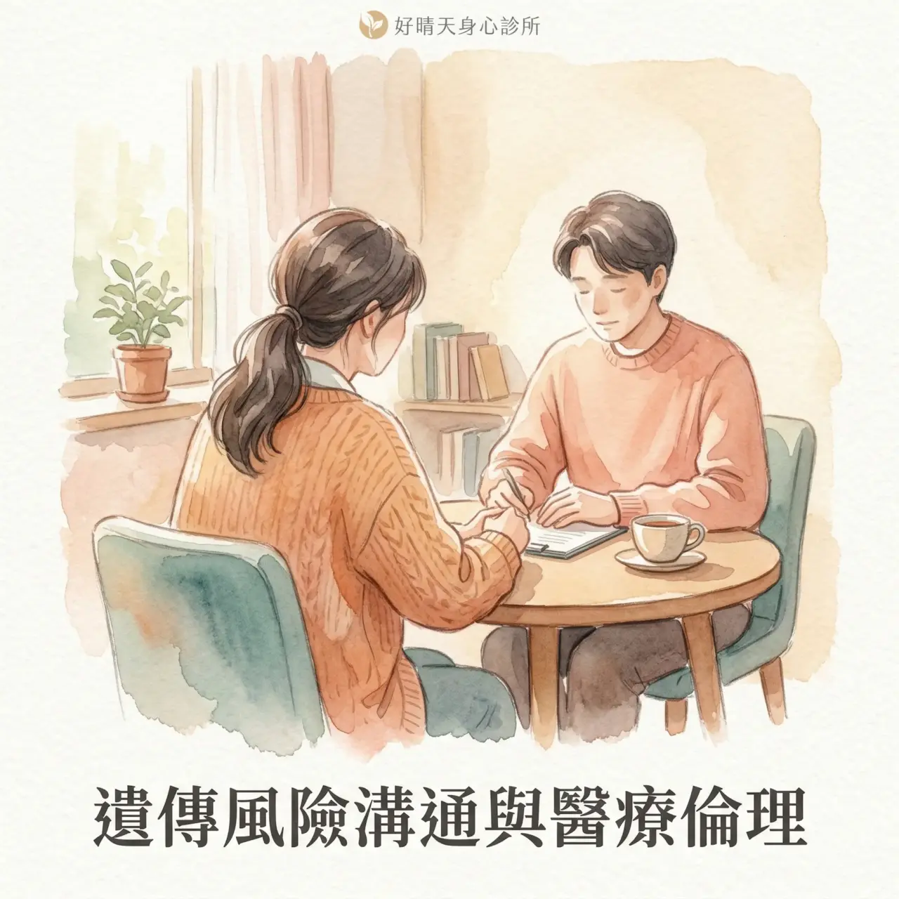 醫療倫理與遺傳諮詢情境：兩人溫暖交談的插畫，象徵遺傳風險溝通與以病人為中心的醫療精神